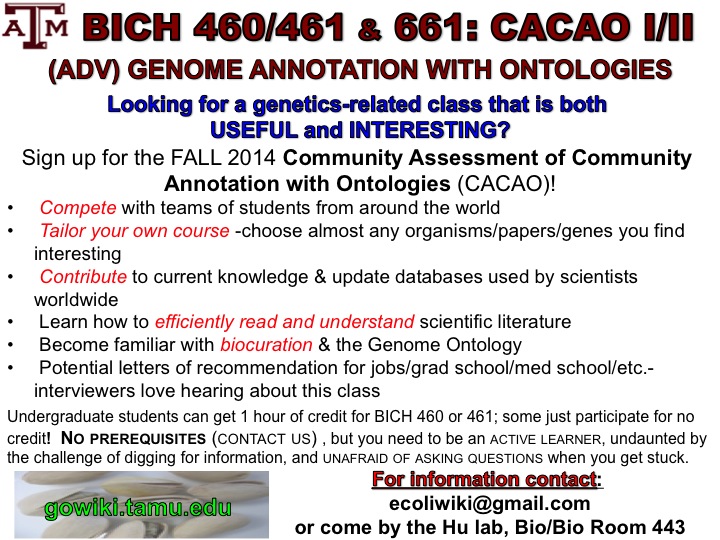 Information sheet for the Fall 2014 CACAO session at TAMU